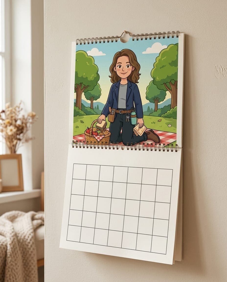 A personalized illustrated calendar hanging on a wall