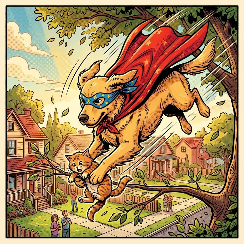 Comic panel: the same superhero dog swooping in to rescue a kitten from a tree