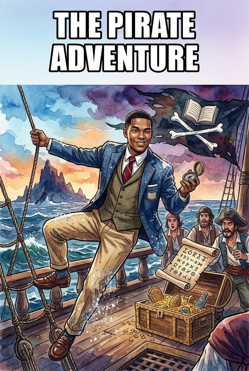 Comic book cover: a teacher-turned-pirate captain celebrating on a ship deck with a treasure chest