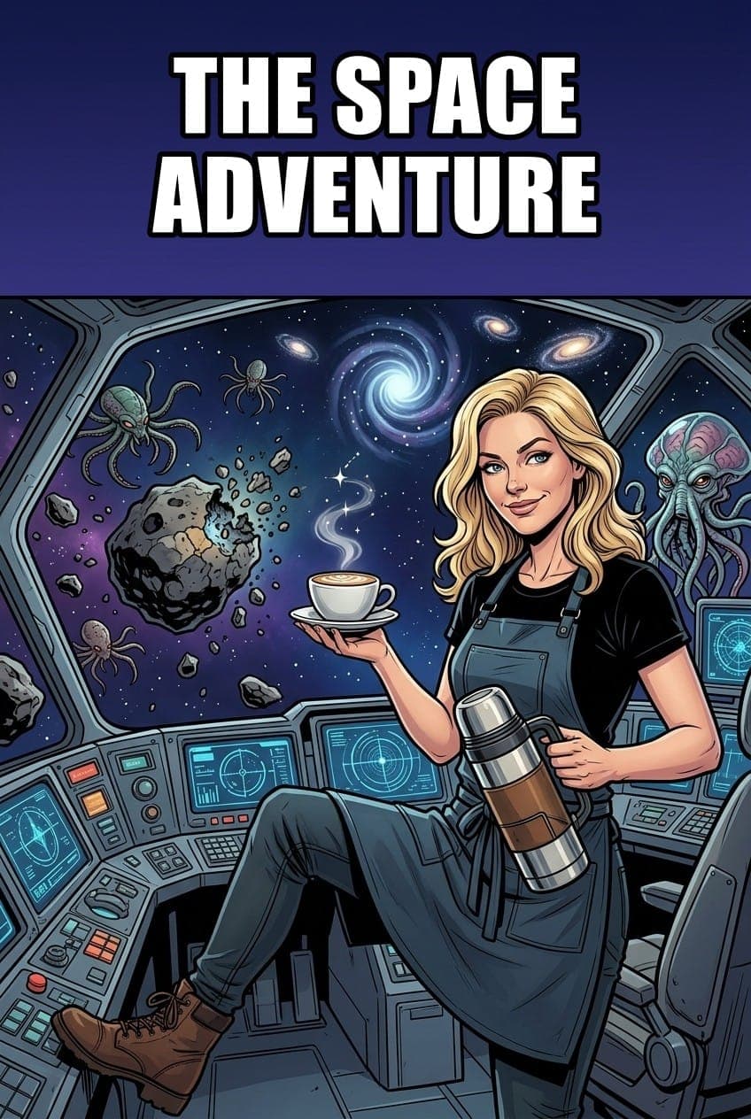Comic book cover: a barista piloting a spaceship through an asteroid field